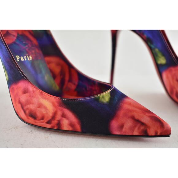 Christian Louboutin Kate 100 Crepe Satin Roses Red Blue Pointed Heel Pump 41 - Picture 6 of 15